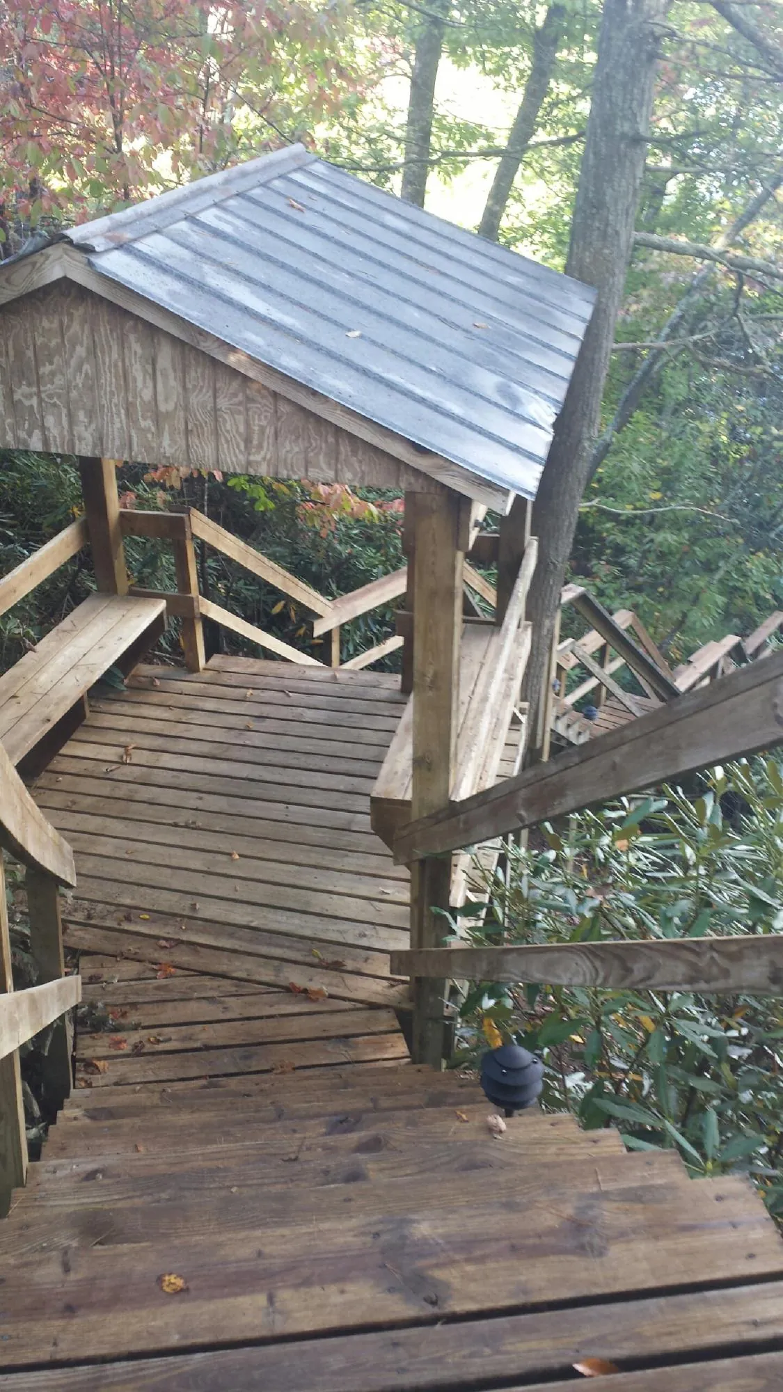 Metal roofed shelter over wooden steps on a wooded walkway — Skylight Repair & Installation work by our crew in Wendell